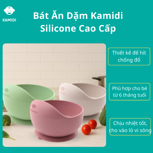 Bát Ăn Dặm Kamidi Chống Đổ Chất Liệu Silicone Cao Cấp An Toàn Cho Bé Có Đế Hít Chống Đổ Chống Trượt Chịu Nhiệt Tốt