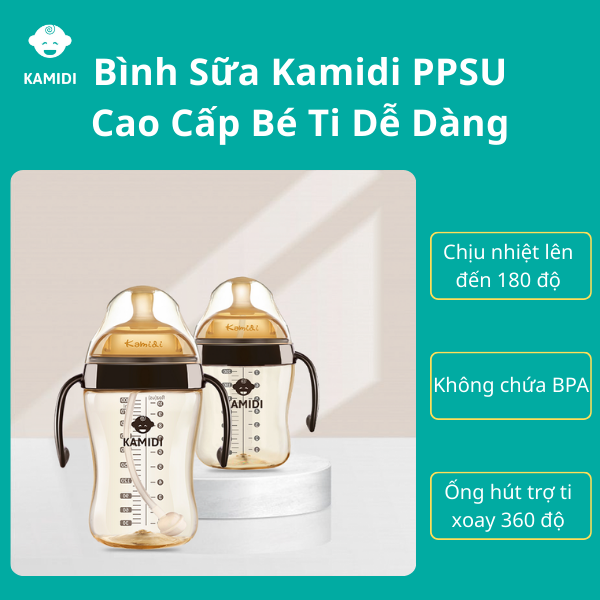 Bình Sữa Kamidi Chất Liệu PPSU Cao Cấp, Núm Ti Mềm, Chống Tràn, Chống Sặc An Toàn Cho Bé