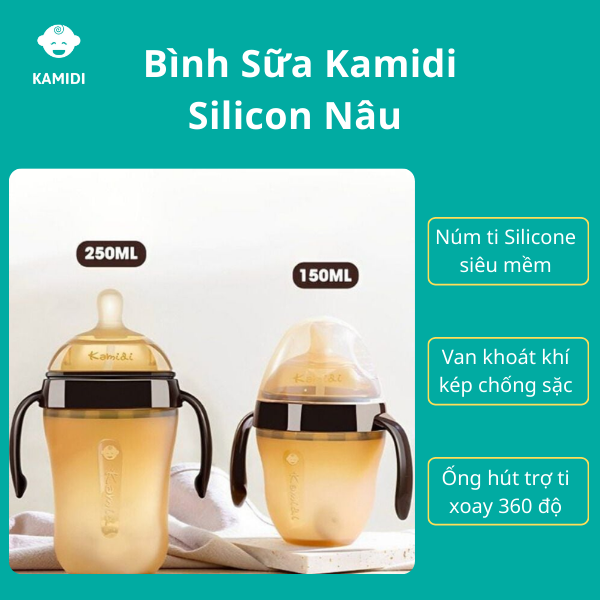 Bình Sữa Kamidi Chất Liệu Silicon Màu Nâu An Toàn Cho Bé Chống Sặc Và Đầy Hơi Hiệu Quả Bé Ti Mọi Tư Thế