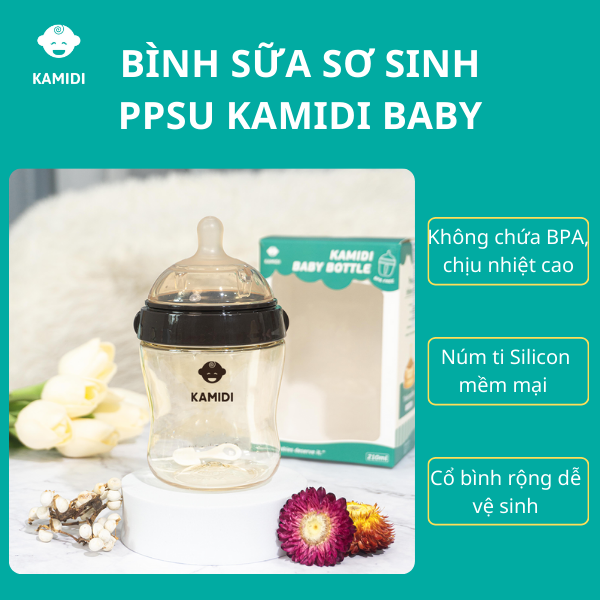 Bình Sữa Sơ Sinh PPSU Cao Cấp Kamidi Baby Quai Tròn Dung Tích 210ml Dành Cho Bé Newborn