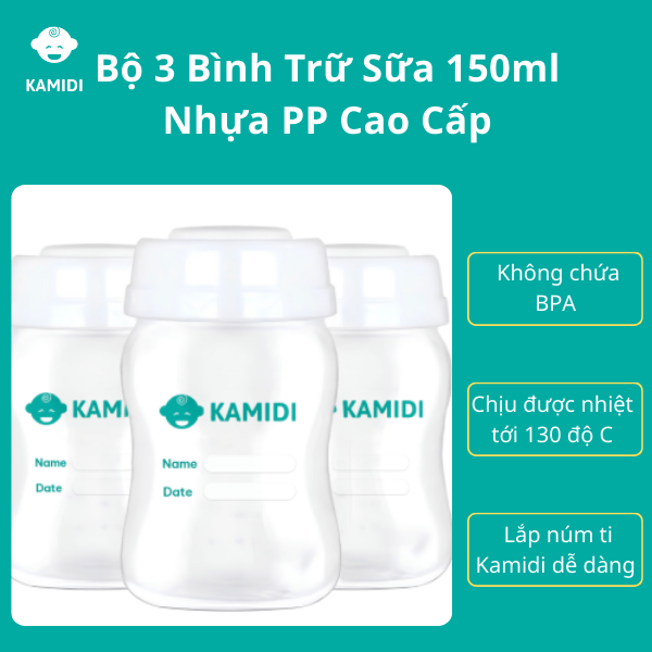 Bộ 3 Bình Trữ Sữa Kamidi Cổ Rộng Dung Tích 150ml Chất Liệu Nhựa PP Cao Cấp - Chịu Nhiệt 130°C, An Toàn & Tiện Lợi Cho Mẹ