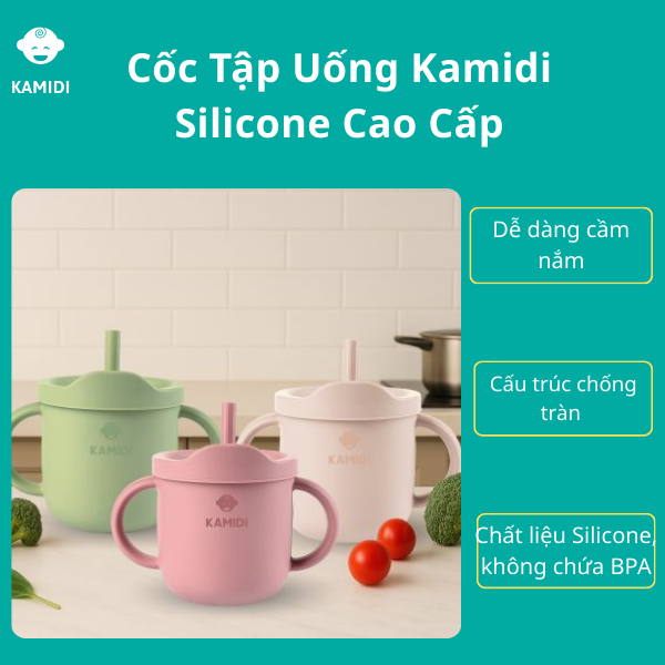 Cốc Tập Uống Kamidi Chống Đổ Chống Trượt An Toàn Cho Bé Chất Liệu Silicon Cao Cấp