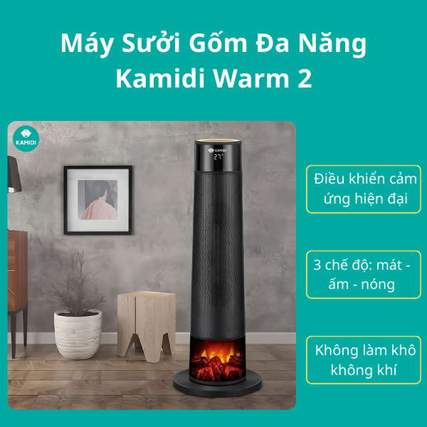 Máy Sưởi Gốm Đa Năng Kamidi Warm 2 Quạt Sưởi Ấm 3 Chế Độ Xoay Tự Động Không Khô Da